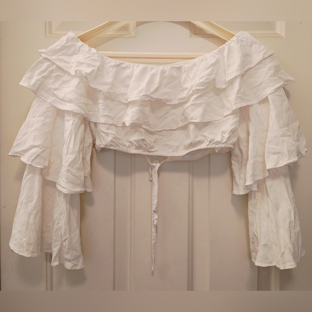 Dress DeCode White Off The Shoulder, Tiered Ruffle, Open Back w Tie Crop Top.
